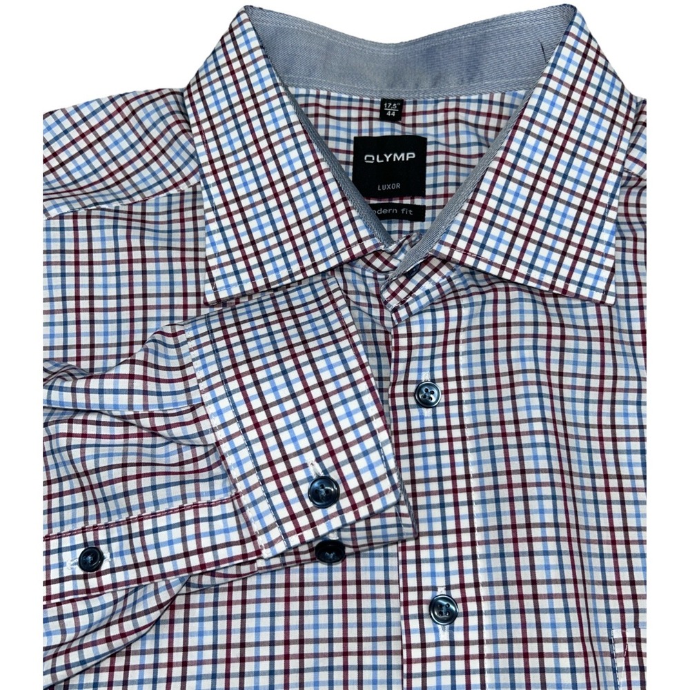 OLYMP Luxor Modern Fit Button Up Checkered Men's 17.5" | 44  Reds Blues White‎